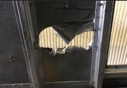 Bison horns have the strength to rip open even a reinforced trailer like a tin can, so staying alert is a key to staying safe for a bison hauler, Tim Omilusik said. Bison horns have the strength to rip open even a reinforced trailer like a tin can, so staying alert is a key to staying safe for a bison hauler, Tim Omilusik said.