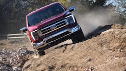 The FX4 Off-Road Package allowed the F-150 to hold its line on a soft and steeply angled portion of the course, while Hill Descent Control managed an even steeper downhill grade. The FX4 Off-Road Package allowed the F-150 to hold its line on a soft and steeply angled portion of the course, while Hill Descent Control managed an even steeper downhill grade.