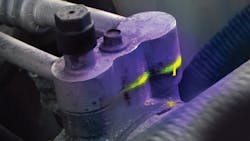 A blacklight or ultraviolet fluorescent dye are the best ways to find an A/C system leak. A blacklight or ultraviolet fluorescent dye are the best ways to find an A/C system leak.