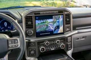 Here the 12-inch center screen utilizes &filig;ve high-resolution cameras to provide multiple views including a 360-degree overhead view to make maneuvering in tight spaces easy.