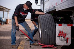 MVT Solutions workers swap out tires during testing. The company has an established system based on the racing industry to validate which LRR tires will provide a fleet the best ROI. MVT Solutions workers swap out tires during testing. The company has an established system based on the racing industry to validate which LRR tires will provide a fleet the best ROI.