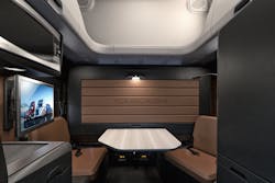 Freightliner Cascadia's optional driver lounge features a dual-seat dining area. Freightliner Cascadia's optional driver lounge features a dual-seat dining area.