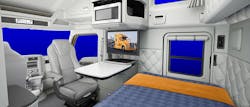 Kenworth offers an optional Driver&apos;s Studio package that allows the passenger seat to swivel and become part of the sleeper cab layout.