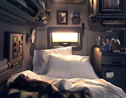 The Volvo VNL sleeper cab puts the control panel next to the lower bunk and offers lighting control, locks, an inverter, charging and audio ports.