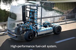 A cutaway of the powertrain for Daimler AG's Mercedes-Benz GenH2 Truck, a long-haul Class 8 fuel cell electric truck that begins customer testing in 2023 with series production to begin sometime after 2024. A cutaway of the powertrain for Daimler AG's Mercedes-Benz GenH2 Truck, a long-haul Class 8 fuel cell electric truck that begins customer testing in 2023 with series production to begin sometime after 2024.