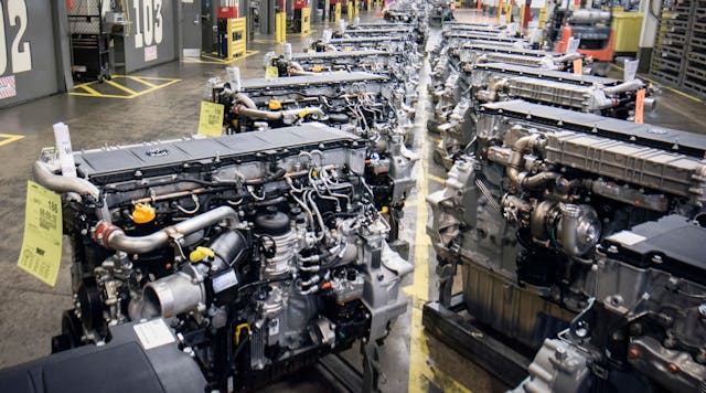 Detroit Diesel DD13 engines await shipping from the factory in Detroit, Mich.