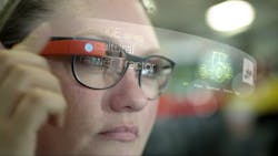 Shown here is Google Glass Enterprise Edition, which could allow a technician to broadcast what they are seeing to someone remotely while also viewing repair instructions, photos, and videos on the side. Shown here is Google Glass Enterprise Edition, which could allow a technician to broadcast what they are seeing to someone remotely while also viewing repair instructions, photos, and videos on the side.