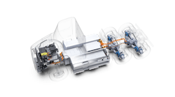 Meritor&apos;s 14Xe electric powertrain is designed to provide efficiency, performance, weight savings, and space utilization. Key features, compared to remote mount systems, include a tighter turning radius due to a shorter wheelbase; increased room between frame rails for additional battery capacity, which extends the range of the vehicle; and lighter weight.