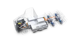 Meritor's 14Xe electric powertrain is designed to provide efficiency, performance, weight savings, and space utilization. Key features, compared to remote mount systems, include a tighter turning radius due to a shorter wheelbase; increased room between frame rails for additional battery capacity, which extends the range of the vehicle; and lighter weight.