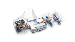 Meritor's 14Xe electric powertrain is designed to provide efficiency, performance, weight savings, and space utilization. Key features, compared to remote mount systems, include a tighter turning radius due to a shorter wheelbase; increased room between frame rails for additional battery capacity, which extends the range of the vehicle; and lighter weight. Meritor's 14Xe electric powertrain is designed to provide efficiency, performance, weight savings, and space utilization. Key features, compared to remote mount systems, include a tighter turning radius due to a shorter wheelbase; increased room between frame rails for additional battery capacity, which extends the range of the vehicle; and lighter weight.