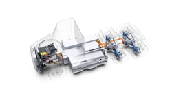 Meritor's 14Xe electric powertrain is designed to provide efficiency, performance, weight savings, and space utilization. Key features, compared to remote mount systems, include a tighter turning radius due to a shorter wheelbase; increased room between frame rails for additional battery capacity, which extends the range of the vehicle; and lighter weight. Meritor's 14Xe electric powertrain is designed to provide efficiency, performance, weight savings, and space utilization. Key features, compared to remote mount systems, include a tighter turning radius due to a shorter wheelbase; increased room between frame rails for additional battery capacity, which extends the range of the vehicle; and lighter weight.