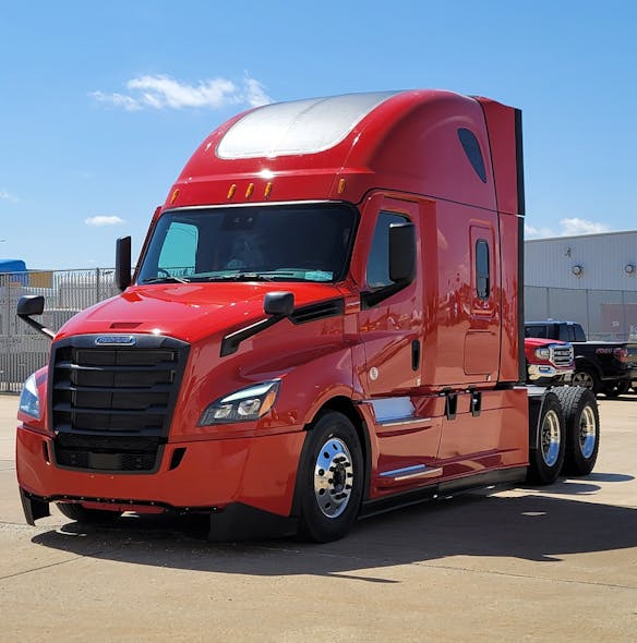A Freightliner Cascadia equipped with Merlin Solar PV panels, which can reduce idling by drawing power from the sun.