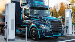 Freightliner eCascadia charges at Duck Island charging station in Portland, Ore. Freightliner eCascadia charges at Duck Island charging station in Portland, Ore.