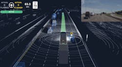 The Aurora Driver system detects other vehicles around it as it moves along a divided highway, as depicted in this graphic. The Aurora Driver system detects other vehicles around it as it moves along a divided highway, as depicted in this graphic.
