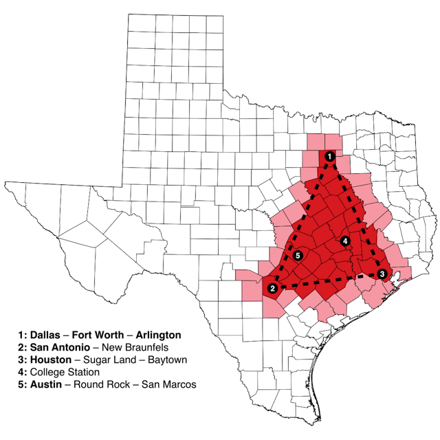 Texas Triangle, Cities And Counties Map svg