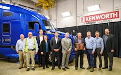 From left: Kenworth Chillicothe’s Neil Park, fleet coordinator, and Marty Prochaska, fleet program manager; Matt Stricker, Kenworth senior national accounts manager; Laura Bloch, Kenworth assistant general manager for sales and marketing; Corey Murphy, VP of MHC Kenworth Iowa/Nebraska/Illinois, representing selling dealer MHC Kenworth – Omaha; Tony Wahl, Werner Enterprises director of equipment purchasing; Scott Reed, Werner Enterprises SVP of equipment purchasing and maintenance; Chris Davis, Kenworth Chillicothe plant manager; Kevin Baney, Kenworth general manager and PACCAR VP; and John Long, Kenworth national fleet service manager. From left: Kenworth Chillicothe’s Neil Park, fleet coordinator, and Marty Prochaska, fleet program manager; Matt Stricker, Kenworth senior national accounts manager; Laura Bloch, Kenworth assistant general manager for sales and marketing; Corey Murphy, VP of MHC Kenworth Iowa/Nebraska/Illinois, representing selling dealer MHC Kenworth – Omaha; Tony Wahl, Werner Enterprises director of equipment purchasing; Scott Reed, Werner Enterprises SVP of equipment purchasing and maintenance; Chris Davis, Kenworth Chillicothe plant manager; Kevin Baney, Kenworth general manager and PACCAR VP; and John Long, Kenworth national fleet service manager.