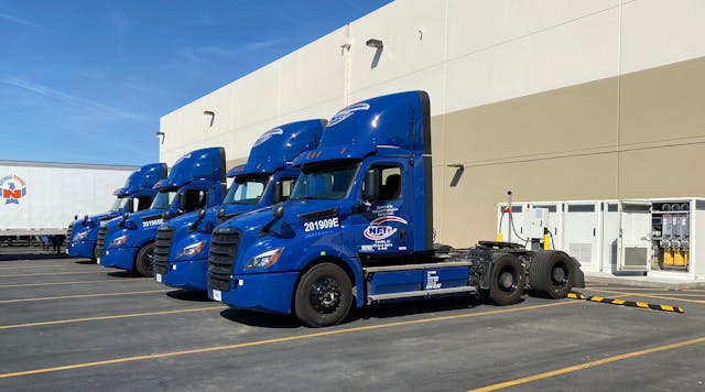 NFI first began testing commercial electric vehicles in August 2019, starting with the Freightliner eCascadia battery electric Class 8 tractor.