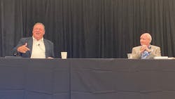 Don Christenson, president and CEO of Christenson Transportation (left), and TCA Chairman Jim Ward, president of D.M. Bowman Inc., discussion safety and the public perception of trucking during a June 6 general session of TCA&apos;s 2021 Safety &amp; Security Meeting in St. Louis.