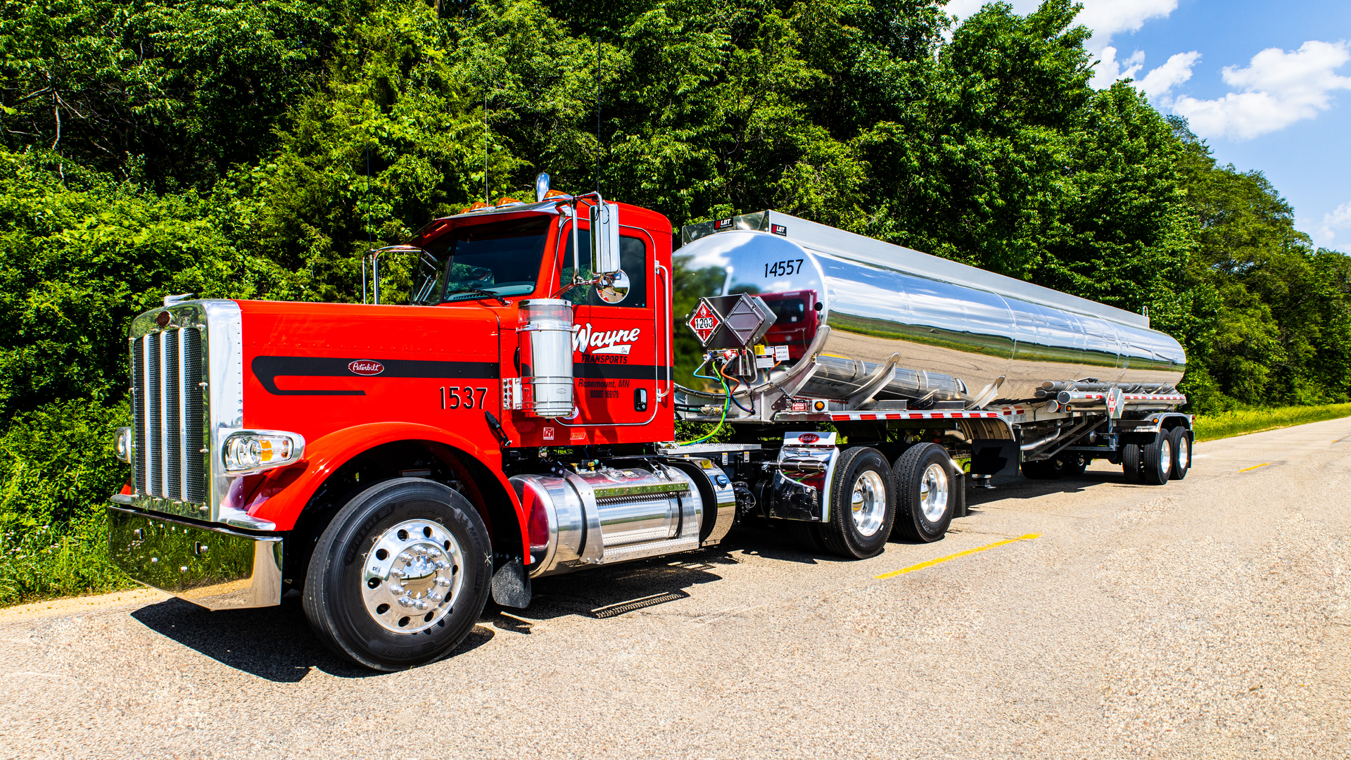 Wayne Transports' equipment consists of Peterbilt tractors and LBT petroleum trailers.