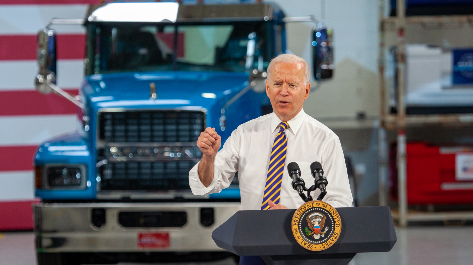 President Joe Biden speaks at the Mack Trucks Lehigh Valley Operations facility in Macungie, Pennsylvania, where all Mack heavy-duty models for North America and export are assembled.