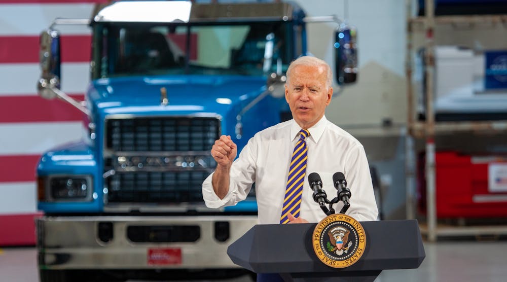 President Joe Biden speaks at the Mack Trucks Lehigh Valley Operations facility in Macungie, Pennsylvania, where all Mack heavy-duty models for North America and export are assembled.