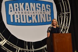 Arkansas Trucking Association President Shannon Newton, the 2018 winner of the ATA Trucking Association Executives Council Leadership Award, details trucking’s numerous policy wins during the recent state legislative session. ATA President and CEO Chris Spear credited Newton and the state association with being one of the “strongest” and “most engaged” in the Federation. Arkansas Trucking Association President Shannon Newton, the 2018 winner of the ATA Trucking Association Executives Council Leadership Award, details trucking’s numerous policy wins during the recent state legislative session. ATA President and CEO Chris Spear credited Newton and the state association with being one of the “strongest” and “most engaged” in the Federation.