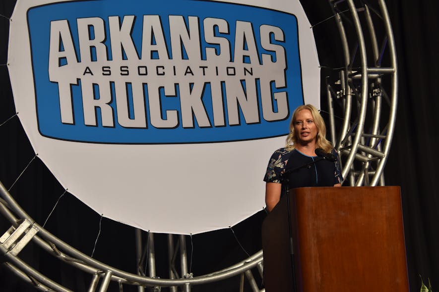 Arkansas Trucking Association President Shannon Newton, the 2018 winner of the ATA Trucking Association Executives Council Leadership Award, details trucking&rsquo;s numerous policy wins during the recent state legislative session. ATA President and CEO Chris Spear credited Newton and the state association with being one of the &ldquo;strongest&rdquo; and &ldquo;most engaged&rdquo; in the Federation.