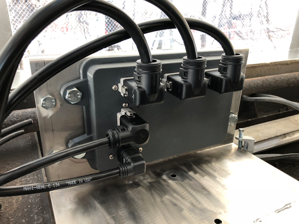 The PetersonPULSE smart trailer system uses a CAN bus harness to communicate between sensors and the onboard computers that process and share data via Bluetooth and/or a cellular network. Pictured here is the mounted rear control box.
