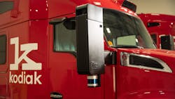 Kodiak&rsquo;s modular sensor suites are on three locations on the truck: a &ldquo;center pod&rdquo; on the front roofline and pods integrated into both of the side mirrors.