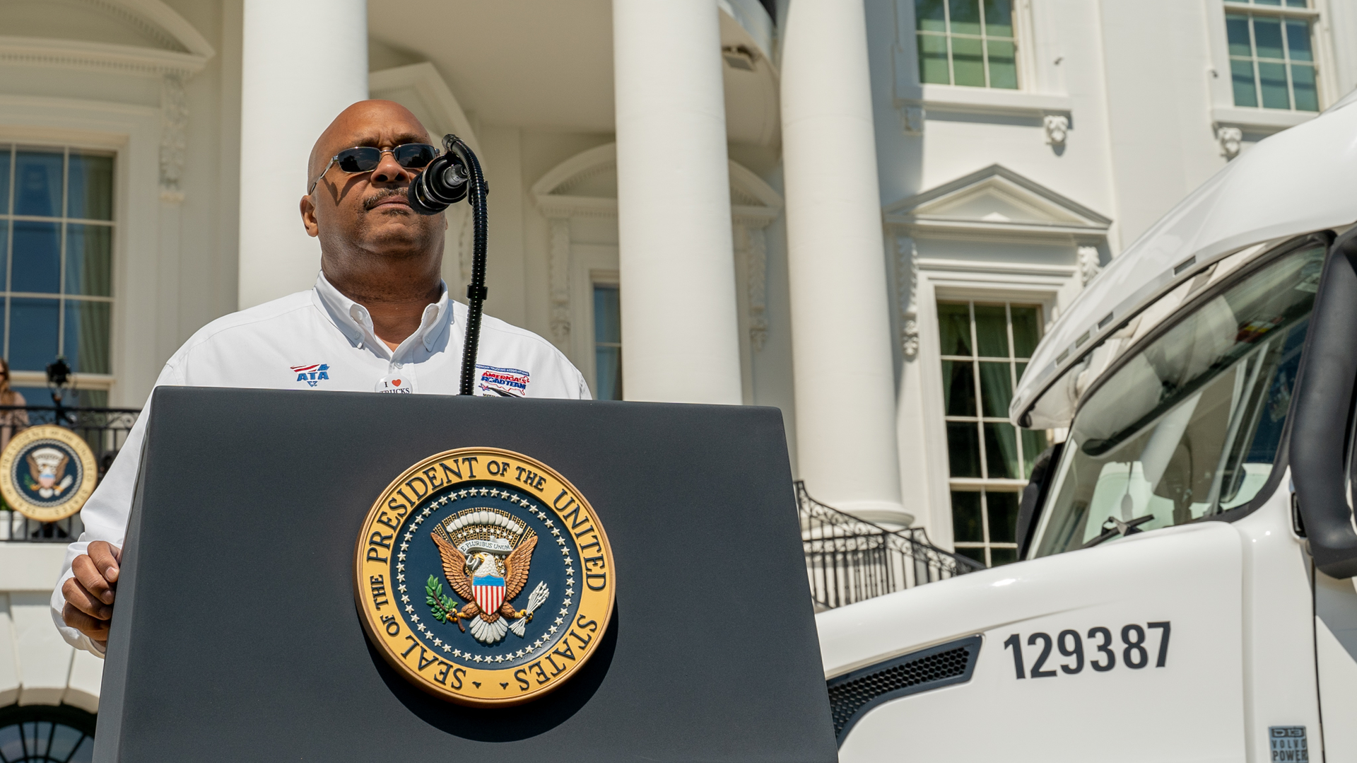 Stephen Richardson, professional driver for Big G Express and an America's Road Team Captain, joined former President Trump in recognizing America's truck drivers at the White House in April 2020.