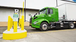A Manhattan Beer Distributors Volvo VNR Electric charges up at the company’s distribution warehouse in the Bronx, New York.
