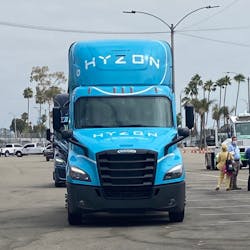 Hyzon Motors’ Class 8 heavy-duty fuel cell electric vehicle during an ACT Expo 2021 ride and drive. Hyzon Motors’ Class 8 heavy-duty fuel cell electric vehicle during an ACT Expo 2021 ride and drive.