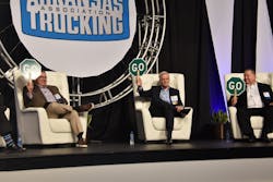 From left, John Culp, president, Maverick Transportation; Craig Harper, chief sustainability officer and executive vice president, J.B. Hunt Transport Services Inc.; and John Smith, president and CEO, FedEx Ground signify their support for various new fleet technologies. From left, John Culp, president, Maverick Transportation; Craig Harper, chief sustainability officer and executive vice president, J.B. Hunt Transport Services Inc.; and John Smith, president and CEO, FedEx Ground signify their support for various new fleet technologies.