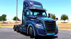 New Legend Inc., a Phoenix-based fleet, shows off one of 50 Freightliner eCascadias it bought this year. New Legend Inc., a Phoenix-based fleet, shows off one of 50 Freightliner eCascadias it bought this year.