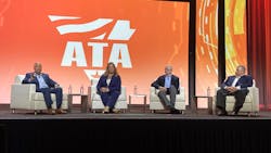 From left, Bob Costello, ATA's chief economist, Cari Baylor, president of Baylor Trucking; Shameek Konar, CEO of Pilot Flying J; and Jeffrey Pape, US Bank SVP discuss market challenges during ATA's MCE 2021 in Nashville. From left, Bob Costello, ATA's chief economist, Cari Baylor, president of Baylor Trucking; Shameek Konar, CEO of Pilot Flying J; and Jeffrey Pape, US Bank SVP discuss market challenges during ATA's MCE 2021 in Nashville.