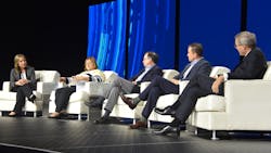Discussing supply chain challenges during a luncheon session at the ATA convention are, from left, moderator Shelley Simpson, J.B. Hunt; Gail Rutkowski, NASSTRAC; John Butler, World Shipping Council; Ian Jefferies, Association of American Railroads; and Chis Spear, ATA. Discussing supply chain challenges during a luncheon session at the ATA convention are, from left, moderator Shelley Simpson, J.B. Hunt; Gail Rutkowski, NASSTRAC; John Butler, World Shipping Council; Ian Jefferies, Association of American Railroads; and Chis Spear, ATA.
