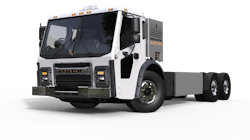 The Mack LR Electric features twin electric motors offering 448 continuous horsepower and 4,051 lb.-ft. of peak output torque available from zero RPM. The vehicle is offered with a two-speed Mack Powershift transmission, Mack mRIDE suspension and Mack&rsquo;s S462R 46,000-lb. rear axles.