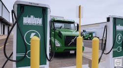 A new Volvo all-electric truck, parked in a charging station at Manhattan Beer Distributors headquarters in the Bronx, New York.