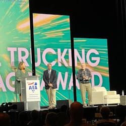 Carbon Express President Steve Rush, at right, accepts a 2021 Mike Russell Trucking Image Award for his company's efforts to improve truck drivers' quality of life. Carbon Express President Steve Rush, at right, accepts a 2021 Mike Russell Trucking Image Award for his company's efforts to improve truck drivers' quality of life.