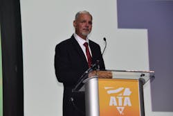 Professional truck driver John Lex gets emotional while accepting his Trucking Cares Achievement Award during ATA's MCE 2021. Professional truck driver John Lex gets emotional while accepting his Trucking Cares Achievement Award during ATA's MCE 2021.