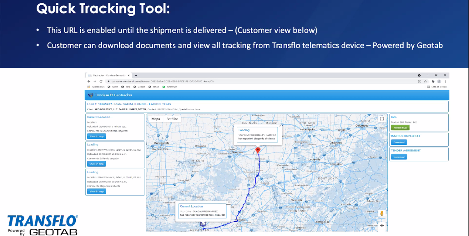 Condesa Freight International uses the Transflo system to track units and place geofences in targeted areas.