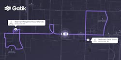 The driverless route of Gatik's box trucks from a Walmart dark store to a neighborhood market includes mostly right-hand turns along urban streets. The driverless route of Gatik's box trucks from a Walmart dark store to a neighborhood market includes mostly right-hand turns along urban streets.