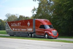 The author has a long history covering Navistar, including a tour of the Chatham, Ont., manufacturing plant for initial production of the International ProStar in 2006; the unveiling of the International LoneStar at the Chicago Auto Show in 2008; and a ride in the International CatalIST Super Truck, pictured, in 2016.