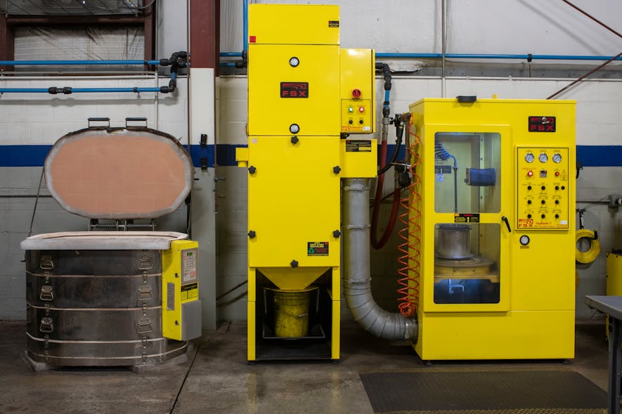 This Penske Truck Leasing ceramic oven (left) is used to heat and dislodge excessive soot trapped in diesel particulate filters. The dust collector (middle) is designed to capture soot and ash released during cleaning. A pneumatic DPF cleaner (right) finishes the process. Penske has three DPF cleaning centers strategically located across the U.S. with a fourth in Canada.