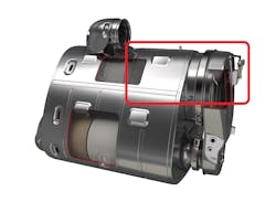 Highlighted is the area where Volvo&rsquo;s diesel particulate filter resides. Its one-box EATS encases the DPF, SCR, and diesel exhaust fluid injector into one package. This design makes the DPF easier to access and lighter compared with the two-box version, allowing for quicker serviceability.