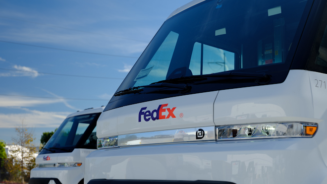 One of the first five BrightDrop EV600 electric vehicles delivered to FedEx Express.