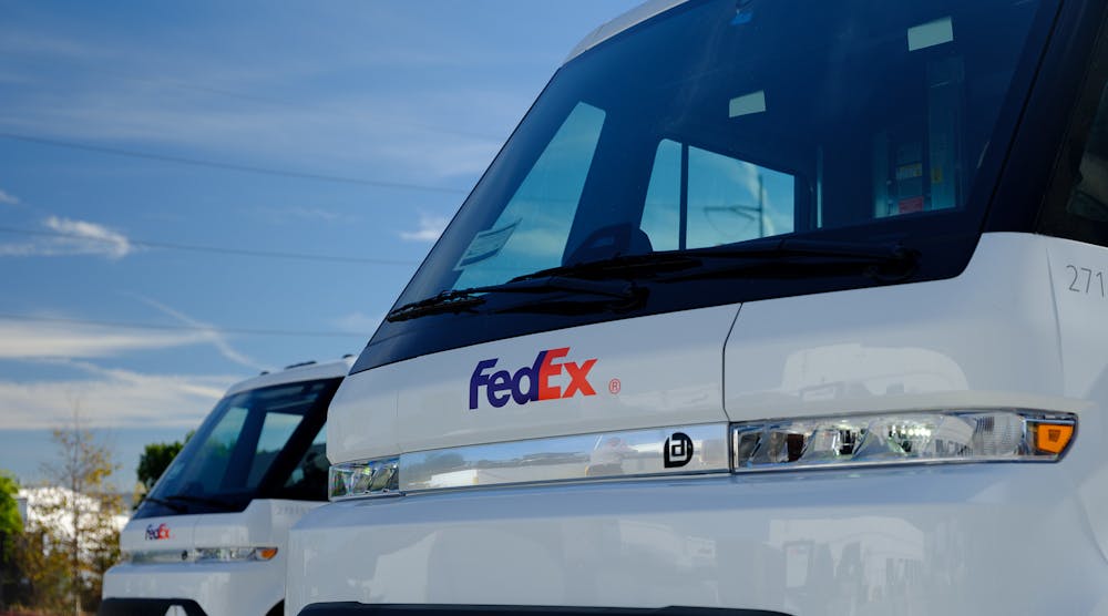 One of the first five BrightDrop EV600 electric vehicles delivered to FedEx Express.