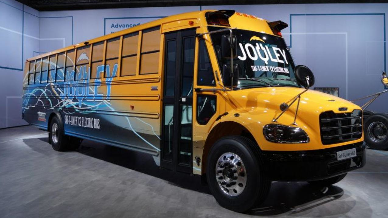 The all-electric Saf-T-Liner C2 Jouley school bus from Thomas Built Buses.