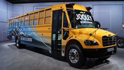 The all-electric Saf-T-Liner C2 Jouley school bus from Thomas Built Buses. The all-electric Saf-T-Liner C2 Jouley school bus from Thomas Built Buses.