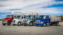 Kenworth&apos;s new medium-duty lineup, from left: the light Class 8 T480, the Class 7 T380, the Class 6 T280, and the Class 5 T180.